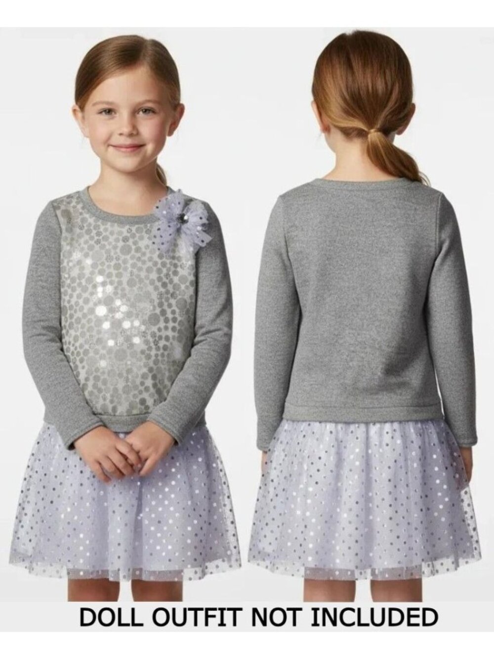 Dollie And Me Girls Gray White Metallic Polka Dot Long Sleeve Knit Dress Size 5